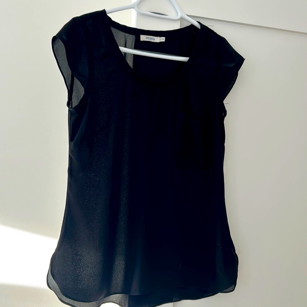 Sheer black cap sleeved dress tee.